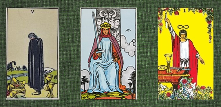 Le Cinq de Coupes, le Roi d'Épées et le Magician du Tarot de Rider-Waite-Smith